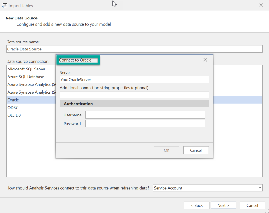 Oracle as Data Source Support Dialog